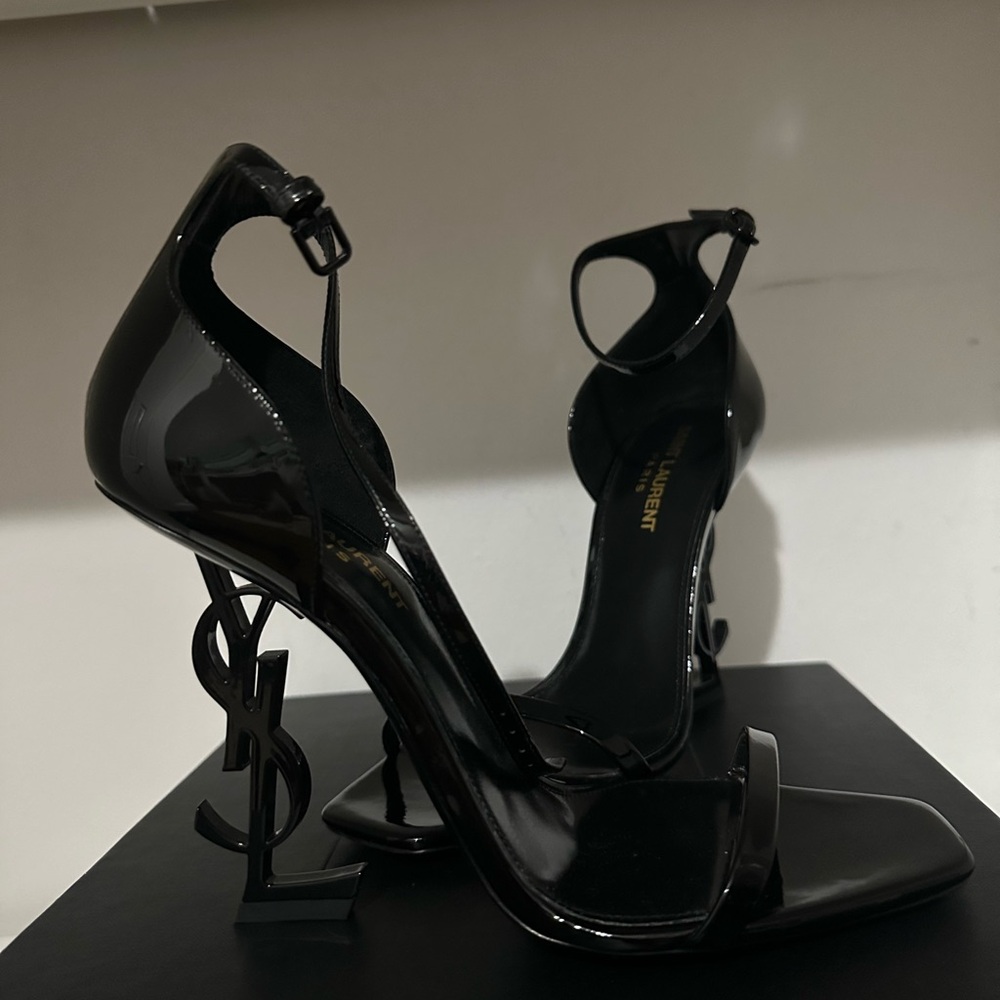 Opyum YSL Logo-Heel Sandals with Black Hardware